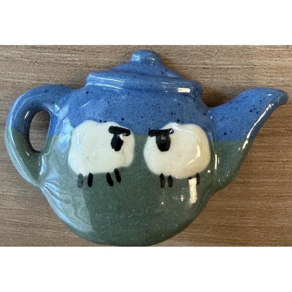 Vtg Handmade Ceramic‎ Teapot Sheep Brooch Pin Blue Green Artisan Pottery Cute